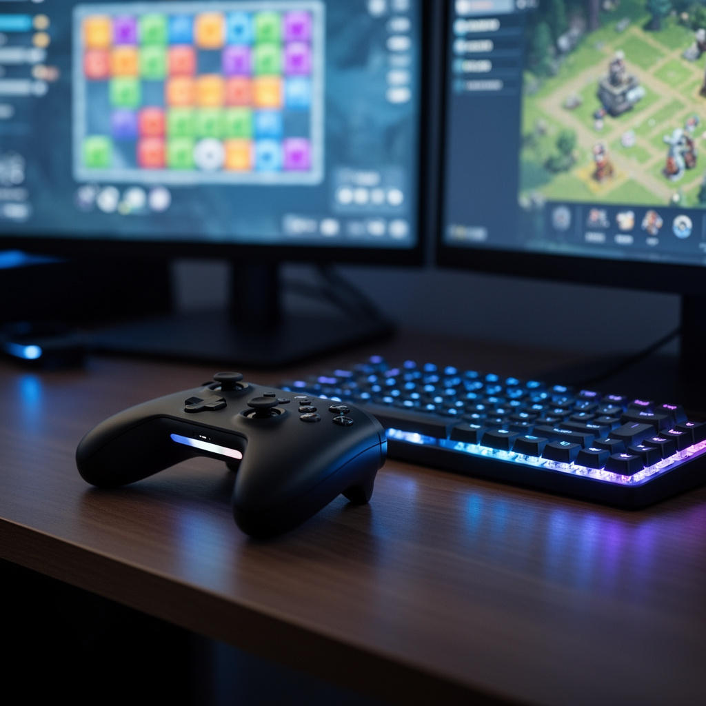 Közeli kép egy gamer asztalról kontrollerrel, billentyűzettel és több alkalmi játékképernyővel, tiszta modern világítás